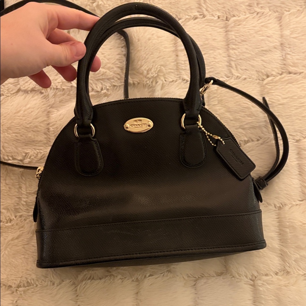 Coach Cora Black Leather Crossbody Dome Satchel with Gold Hardware